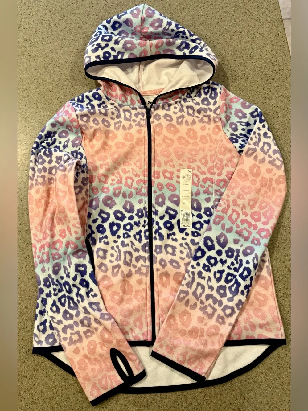 SO Brand Kohl’s Girl’s Leopard Zip up Hoodie in Pink Lavender BNWT XL 14/16